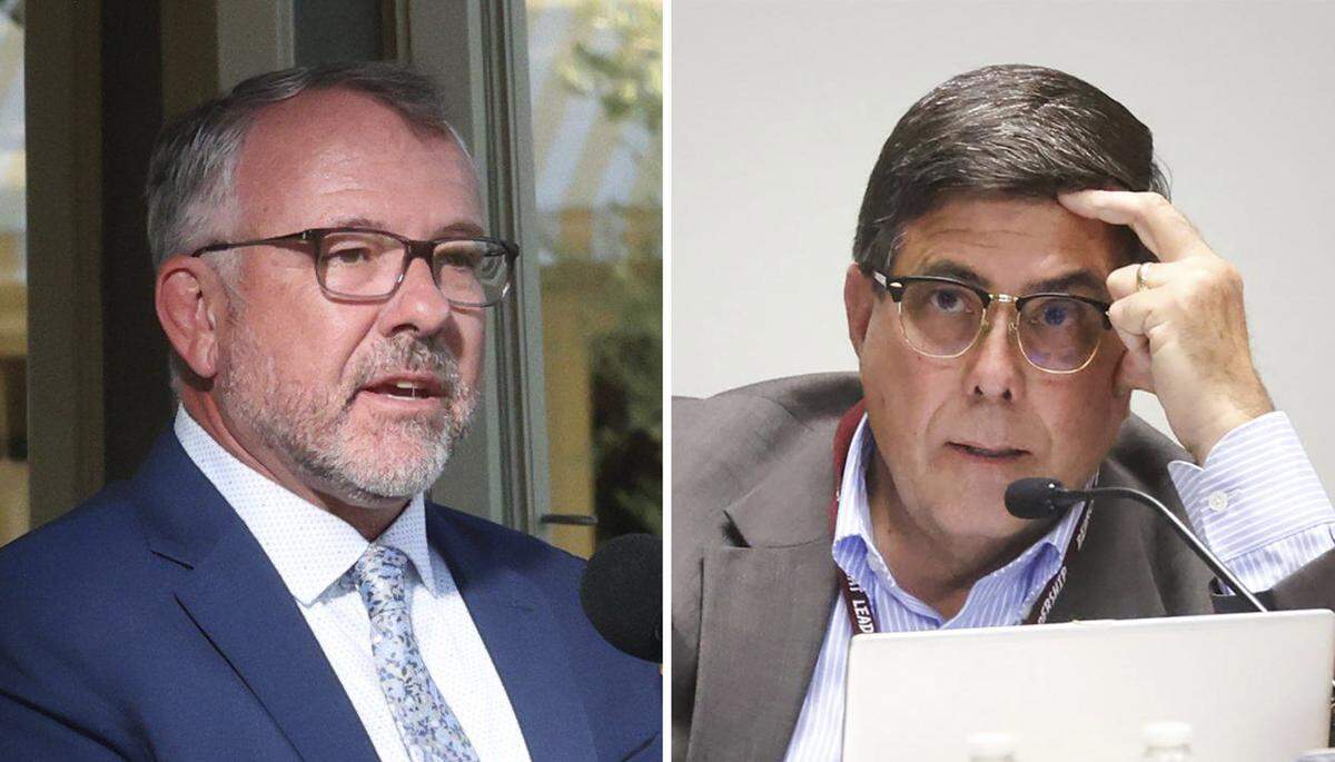 Paso Robles City Manager Ty Lewis, left, has accused Councilmember Chris Bausch of harassment in a $2.2 million claim against the city.