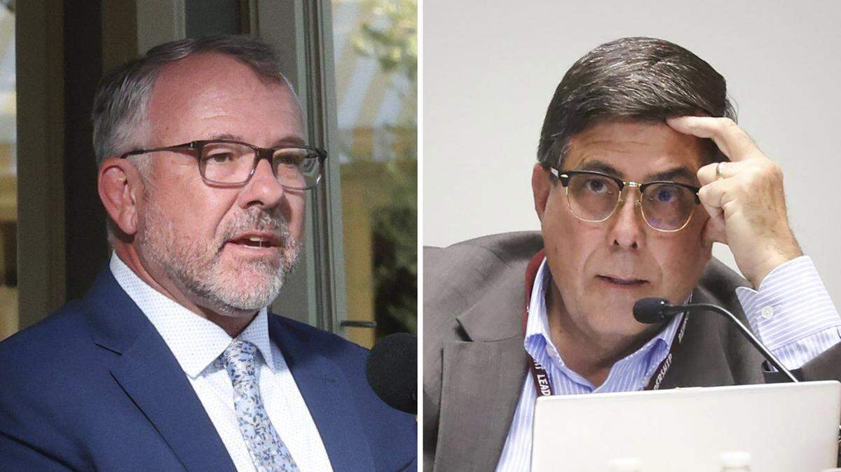 Paso Robles City Manager Ty Lewis, left, has accused Councilmember Chris Bausch of harassment in a $2.2 million claim against the city.