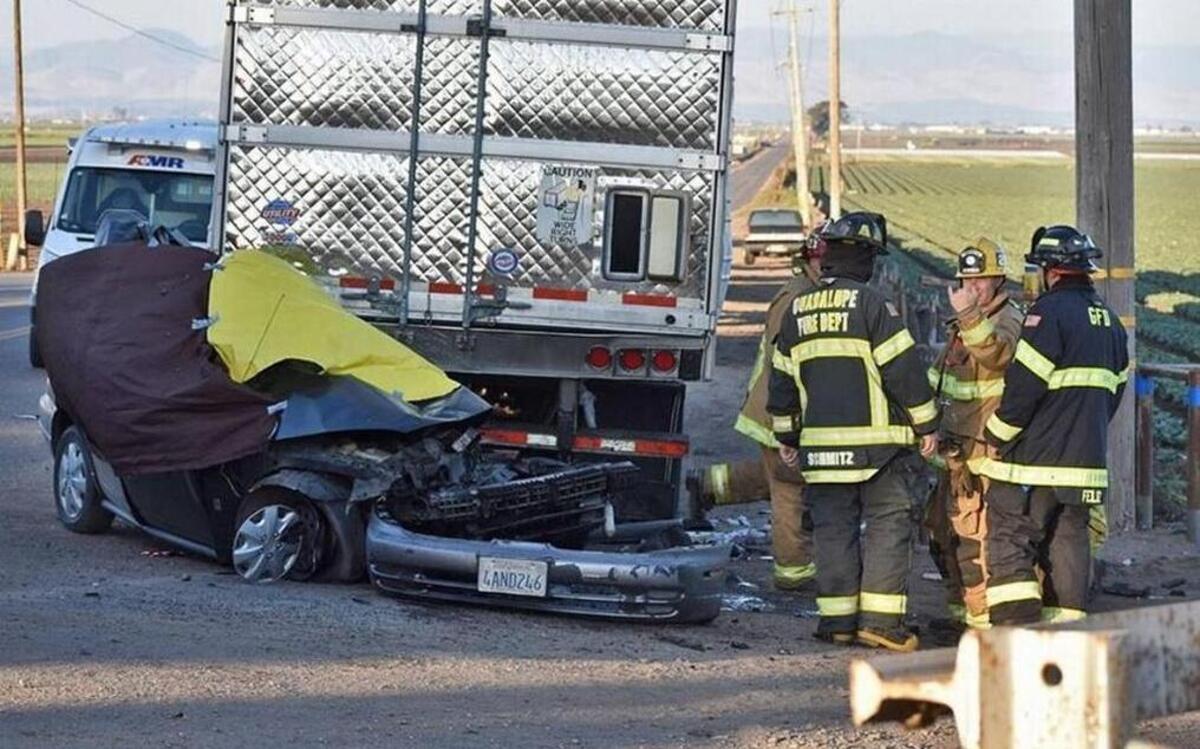 Two people were killed Monday evening in a vehicle accident involving a big-rig and a sedan on Brown Road just west of Highway 1 near Guadalupe. The vehicle ended up wedged under the rear of the semi’s trailer.