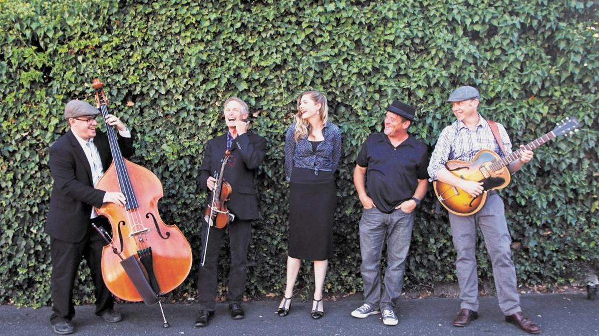 The Tipsy Gypsies are, from left, Brian Lanzone, Allan Dick, Hilary Langdon, Daryl Vandruff, and Forrestt Williams. The band celebrates the release of its latest album with a concert Saturday at Luna Red in San Luis Obispo.