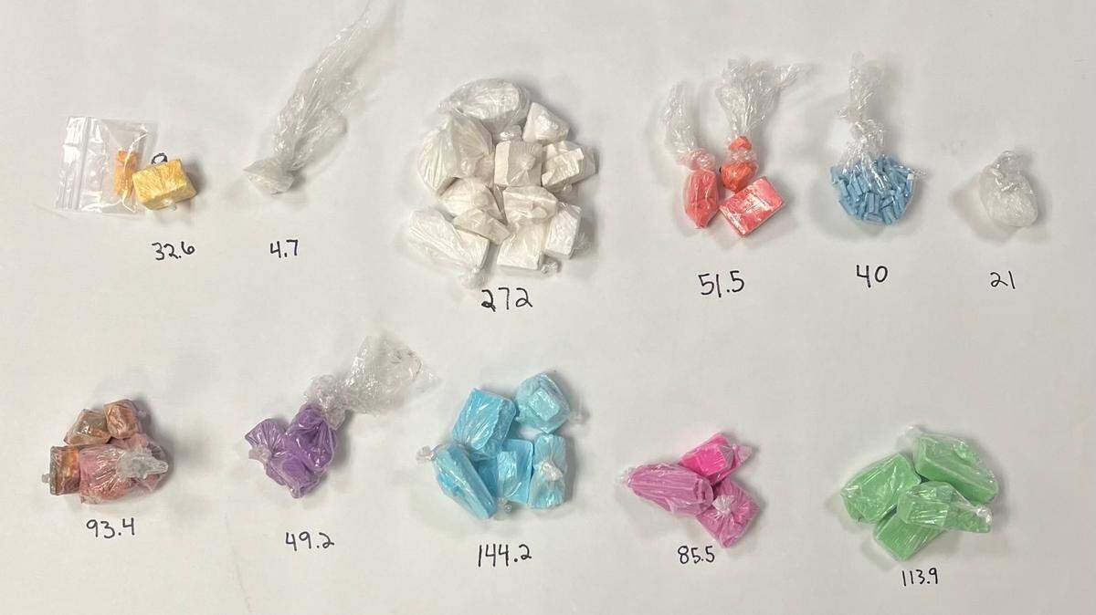 A Grover Beach man was arrested Thursday, May 25, 2023, after detectives found more than $84,000 worth of fentanyl in his car, along with other narcotics, according to the San Luis Obispo County Sheriff’s Office. In the photo, numbers 4.7 and 21 are meth, 40 is Xanax and everything else is fentanyl.