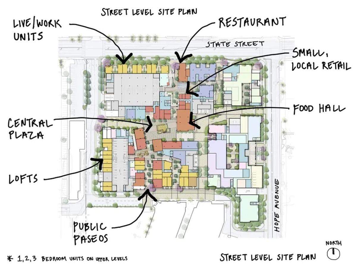 A site plan for the housing project proposed at State and Hope streets in Santa Barbara.