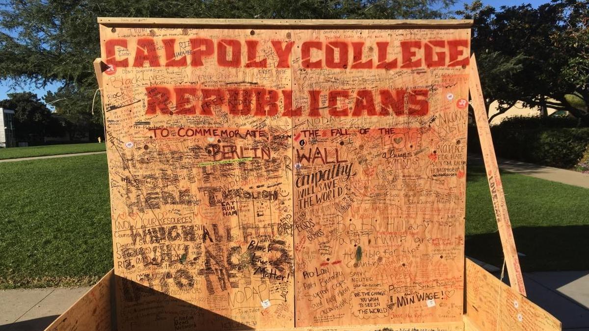 The Free Speech Wall was erected by the Cal Poly College Republicans near Dexter Lawn.