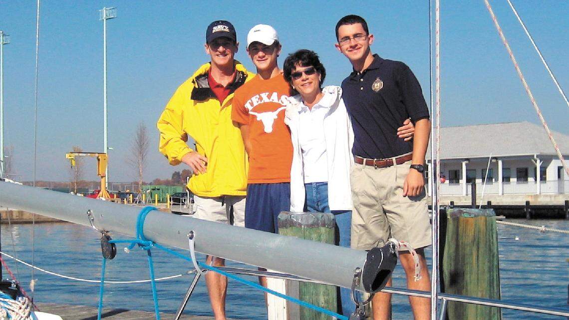 Carson Starkey, second from left, a Cal Poly freshman who died in 2008 after a fraternity-related hazing, is shown with dad Scott Starkey, left, mother Julia Starkey and brother Hayden Starkey in an undated family photo.