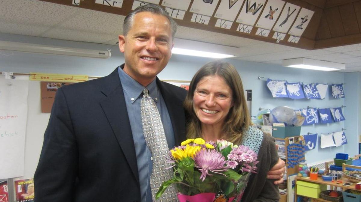 Baywood Elementary School’s Fiona Lloyd-Moffett, here with San Luis Coastal Superintendent Eric Prater, has been named SLO County’s Teacher of the Year.
