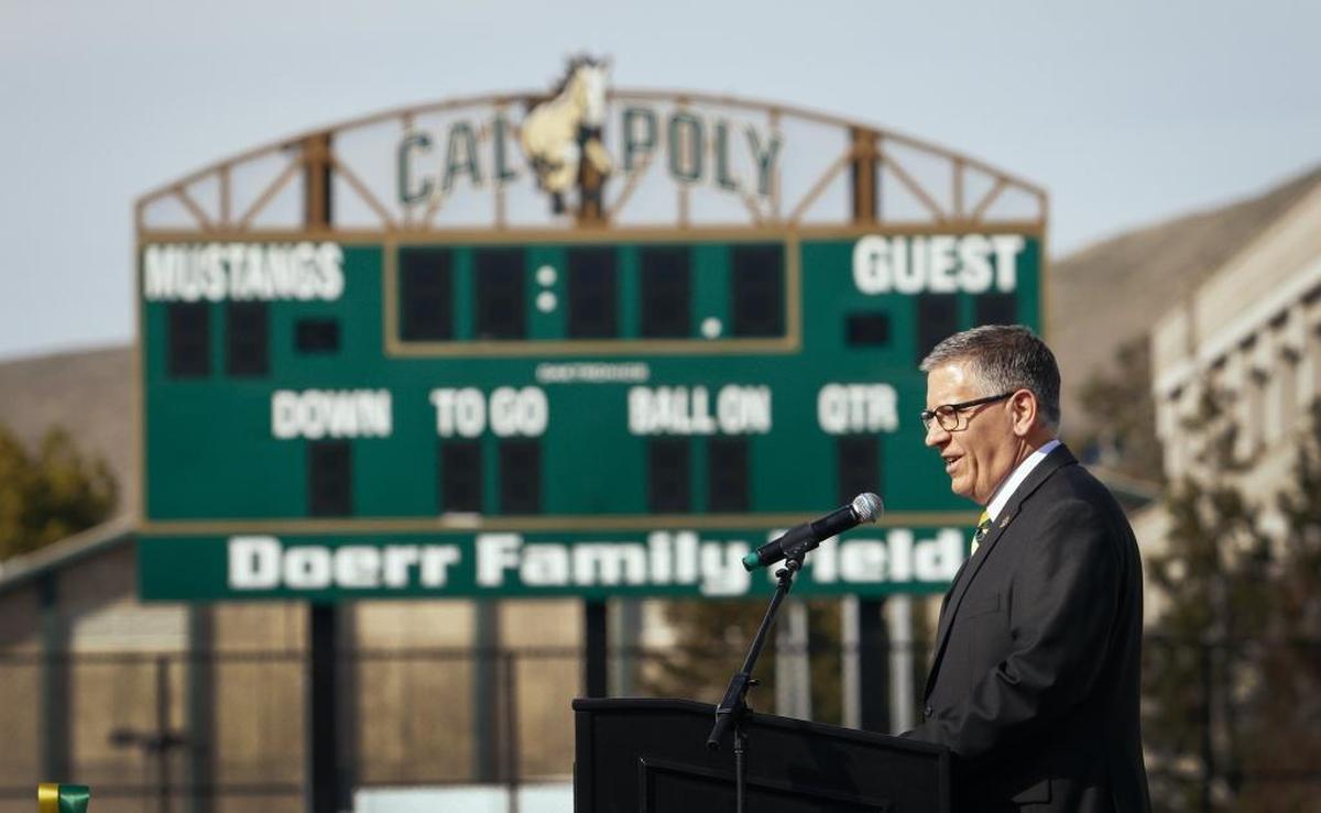Cal Poly President Jeffrey Armstrong, here at the dedication of the university’s new practice field last week, sees the Cal Poly Opportunity Grant as a key tool to increasing diversity on campus.