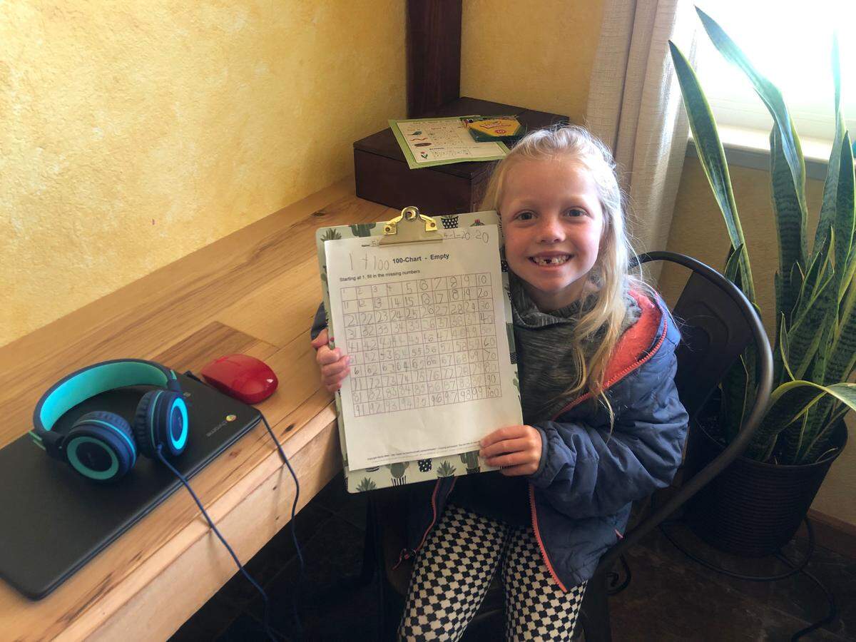 Finley Pratt, a San Gabriel Elementary School kindergartner, displays her numbers writing exercise.