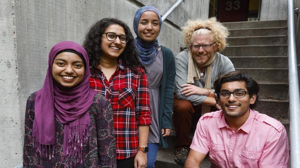 Muslim Student Association leaders say their group has often felt marginalized at Cal Poly, but now they’re seeing some positive changes from administrators. Students Rubia Siddiqi, Zia Absar, Leila Assal and Ibraheem Azam meet with their faculty adviser, Steve Lloyd-Moffett, second from right.