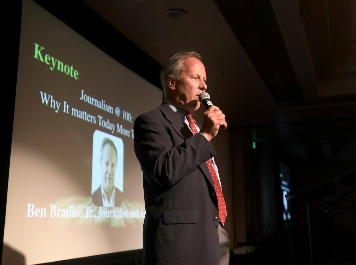 Former Boston Globe managing editor Ben Bradlee Jr., who oversaw the paper’s Pulitzer Prize-winning work uncovering sexual abuse in the Catholic Church, speaks at Cal Poly in 2016 as part of the university’s celebration of 100 years of student media. Bradlee will participate in a talk at the San Luis Obispo university on April 15, 2019.