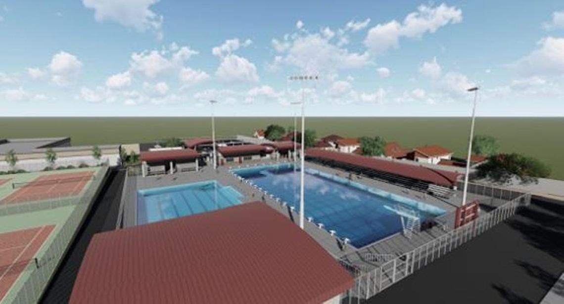 Architectural renderings from 2018 show the planned Paso Robles Joint Unified School District aquatics center with two pools. The smaller 25-meter-by-25-yard stainless steel Myrtha warm-up and teaching pool has been dropped from the plans and its parts will be sold at auction. The larger competition pool will be reduced from 50 feet to 38 feet.