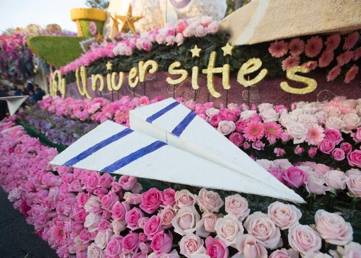 A paper airplane on the Cal Poly Universities Rose Float “Dreams Take Flight,” as it makes its way down Colorado Boulevard in Pasadena during the 2018 Tournament of Roses Parade on Jan. 1, 2018.