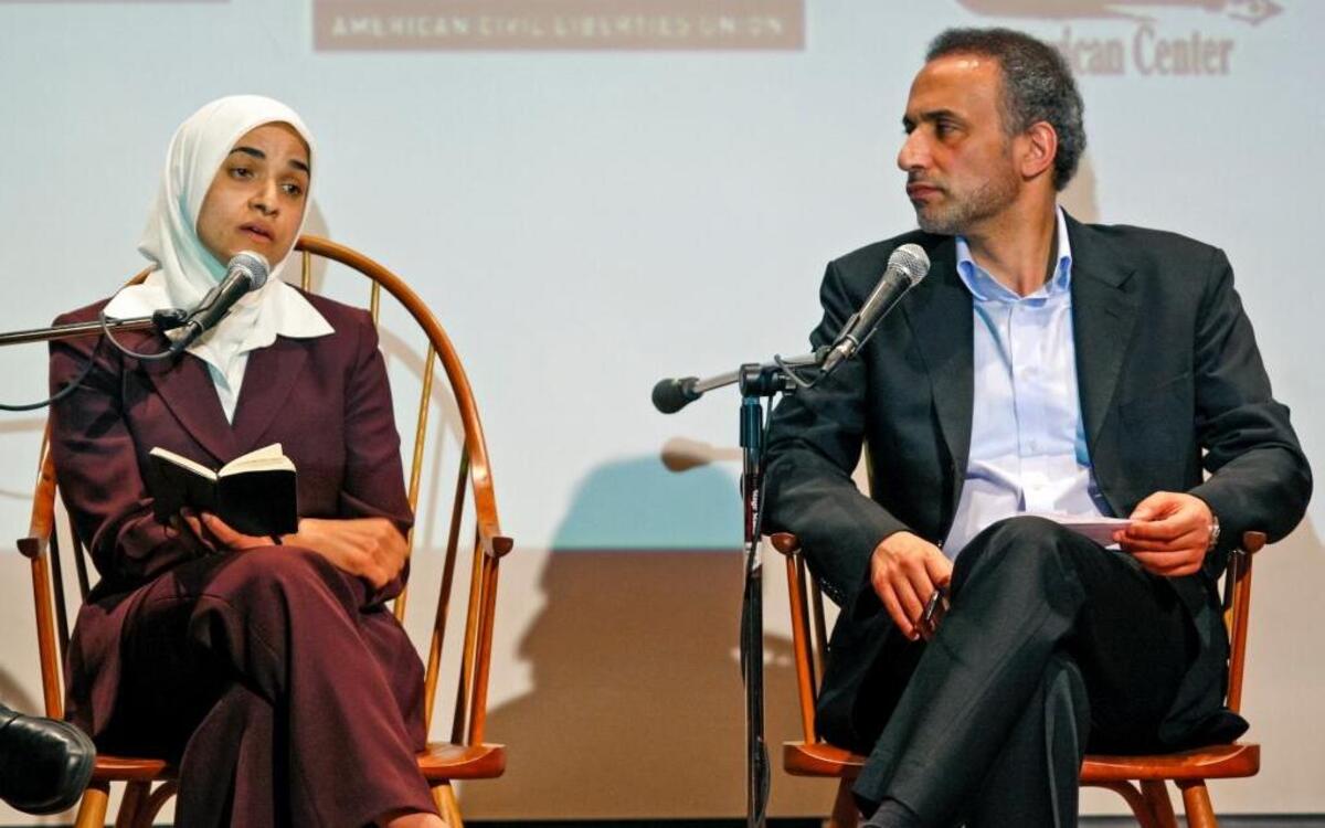 Muslim scholar Tariq Ramadan, right, listens as fellow panelist Dalia Mogahed speaks during an appearance at Cooper Union in New York, Thursday, April 8, 2010. Mogahed, a former Obama administration staff member, will give a talk at Cal Poly on Saturday, April 29, 2017, titled “Islamaphobia: A Threat to All.”