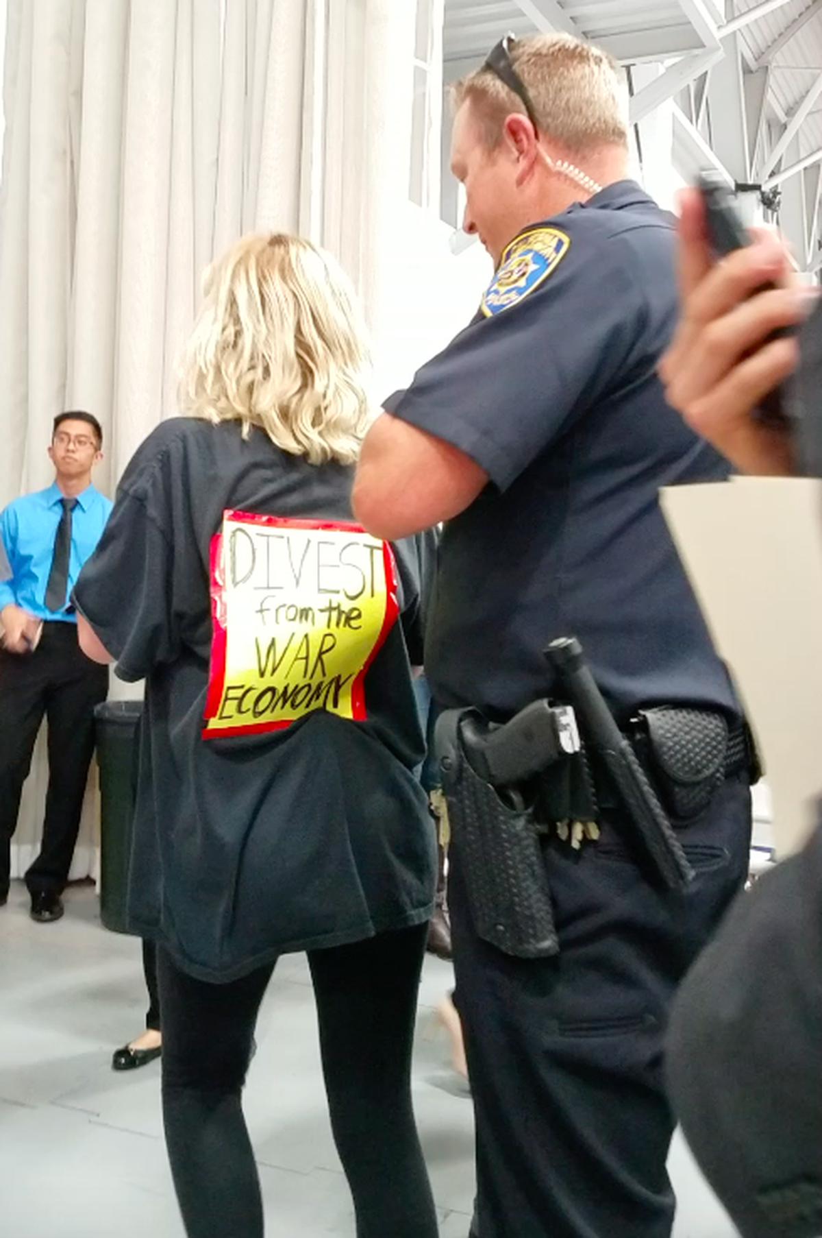 Cal Poly students protest Raytheon at a campus career fair on Oct. 4, 2018.