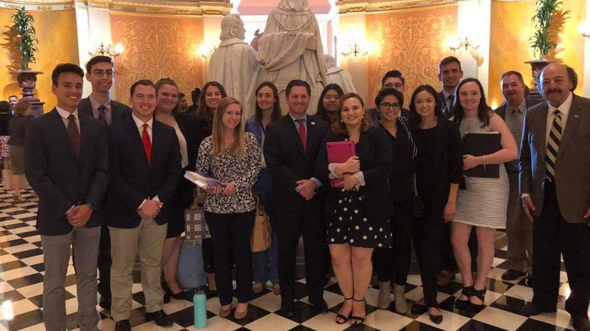 A group of political science students from Cal Poly joined Assemblyman Jordan Cunningham in Sacramento in April 2018 to lobby for Cunningham’s textbook transparency bill before the Assembly Higher Education Committee.