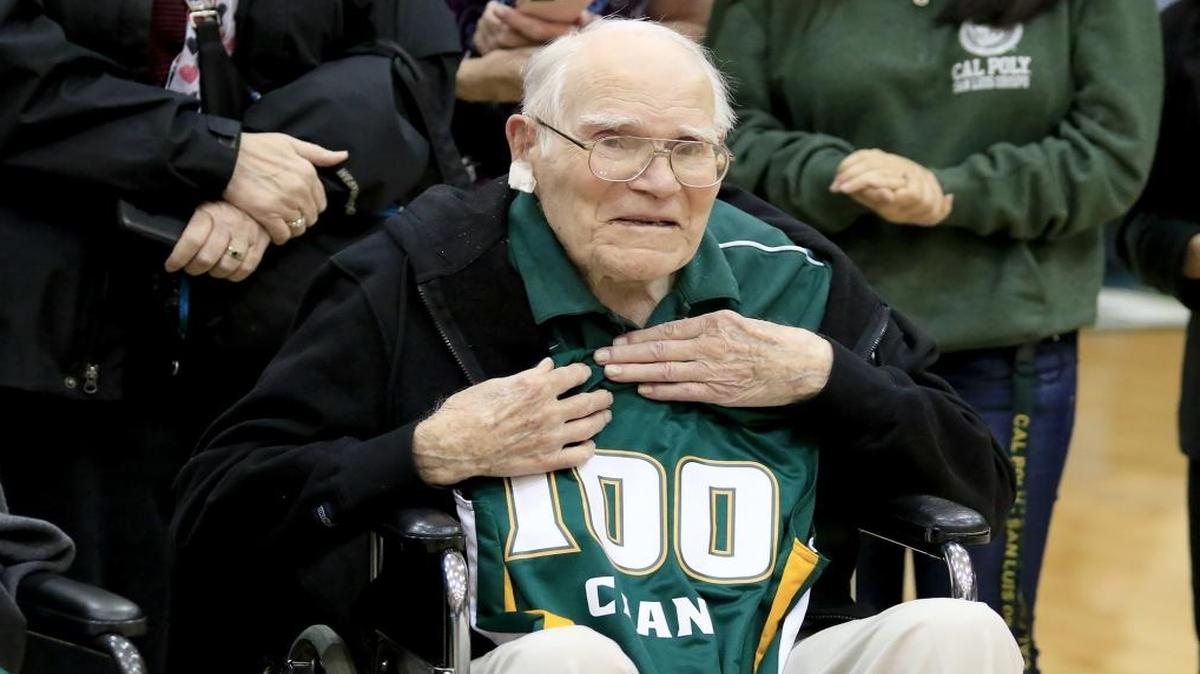 Cal Poly’s former dean of students, Everett Chandler, turns 100 on Monday, Feb. 6, 2017. Chandler was honored Saturday, Feb. 4, 2017, at the Poly men’s basketball game.