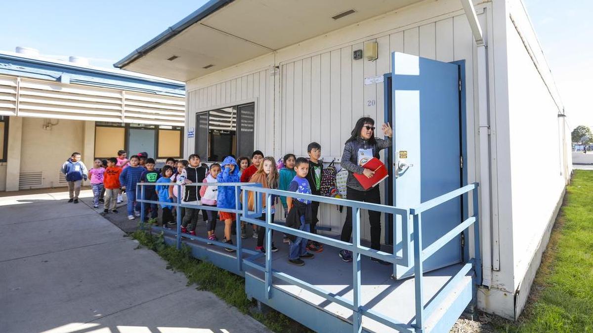 Caroline Inouye leads her first- and second-grade students into a portable classroom at Oceano Elementary School on Friday, Feb. 24, 2017. Lucia Mar Unified School District is kicking off a $5 million upgrade project at Oceano Elementary School.