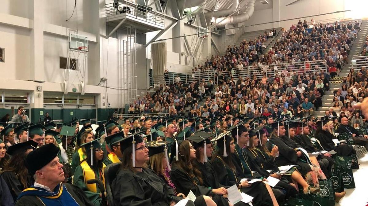 Students from the Cal Poly College of Liberal Arts and the Orfalea College of Business are recognized Saturday as part of the university’s 34th annual fall commencement held Saturday at the Cal Poly Recreation Center.