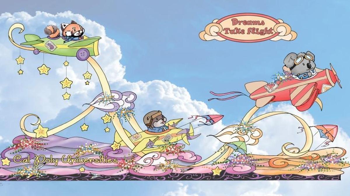 The Cal Poly Universities’ Rose Parade float is titled “Dreams Take Flight” and features a baby red panda, sea otter and koala flying in airplanes.