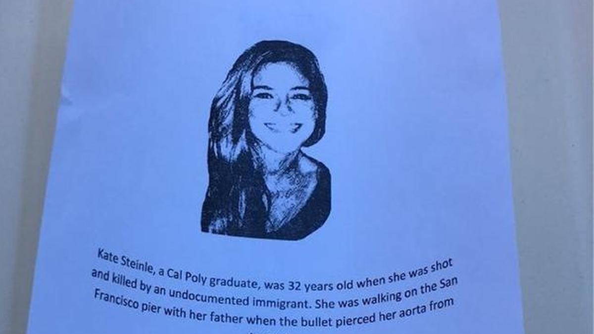 A flyer posted outside Cal Poly’s Dream Center, which houses the Undocumented Student Working Group, depicts the story of Kate Steinle, a Poly graduate who was killed two years ago when struck by a bullet fired from a gun held by an undocumented immigrant in San Francisco.