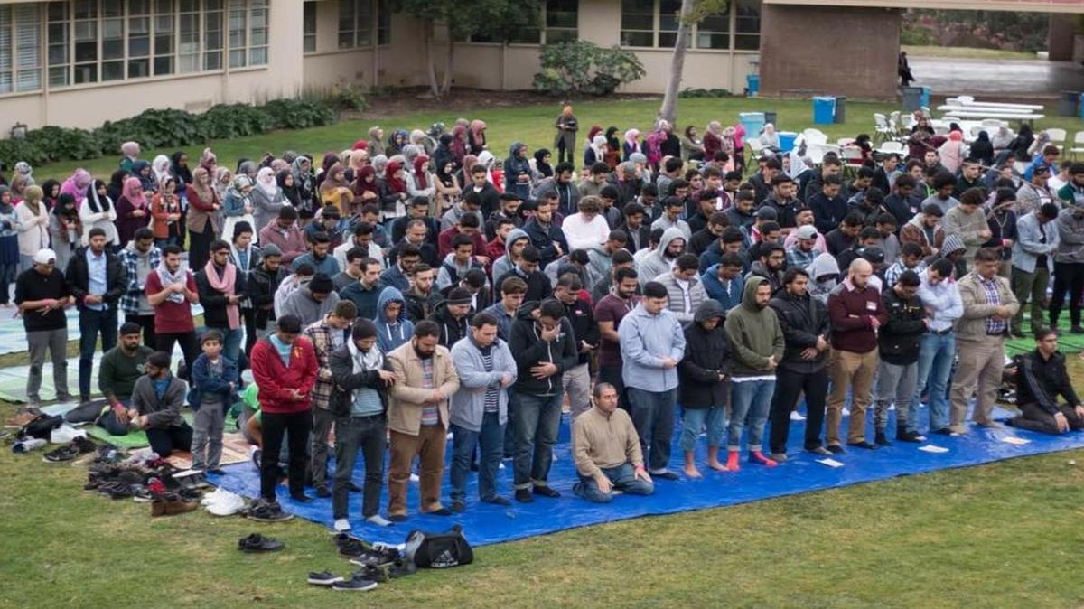 Muslim students pray in January 2016 at Cal Poly as part of the 18th annual MSA West conference.