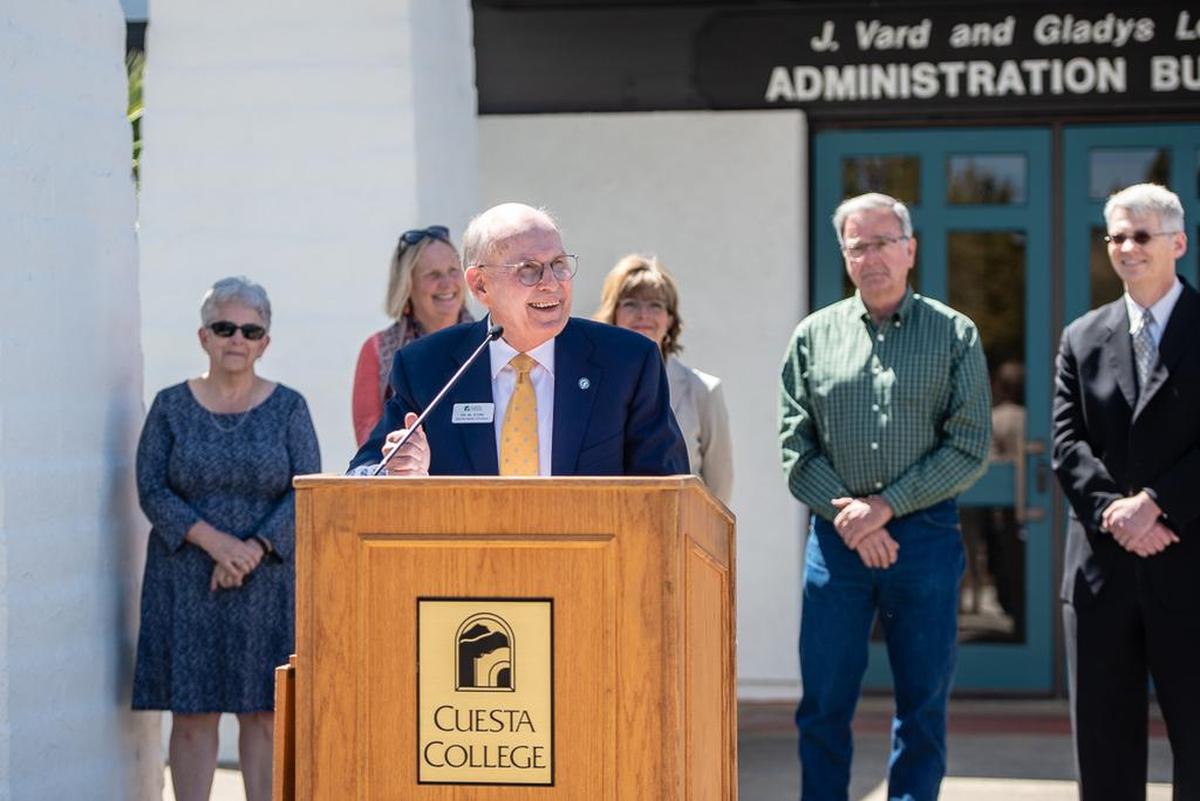 Outgoing Cuesta College President Gil Stork announces the expansion of the school's Promise Scholarship to cover a second year of schooling on June 14, 2018.