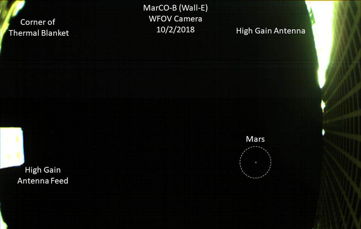 One of NASA’s twin MarCO spacecraft took this image of Mars on October 3, 2018. The MarCO satellites underwent testing and preparation at Cal Poly in San Luis Obispo in February.