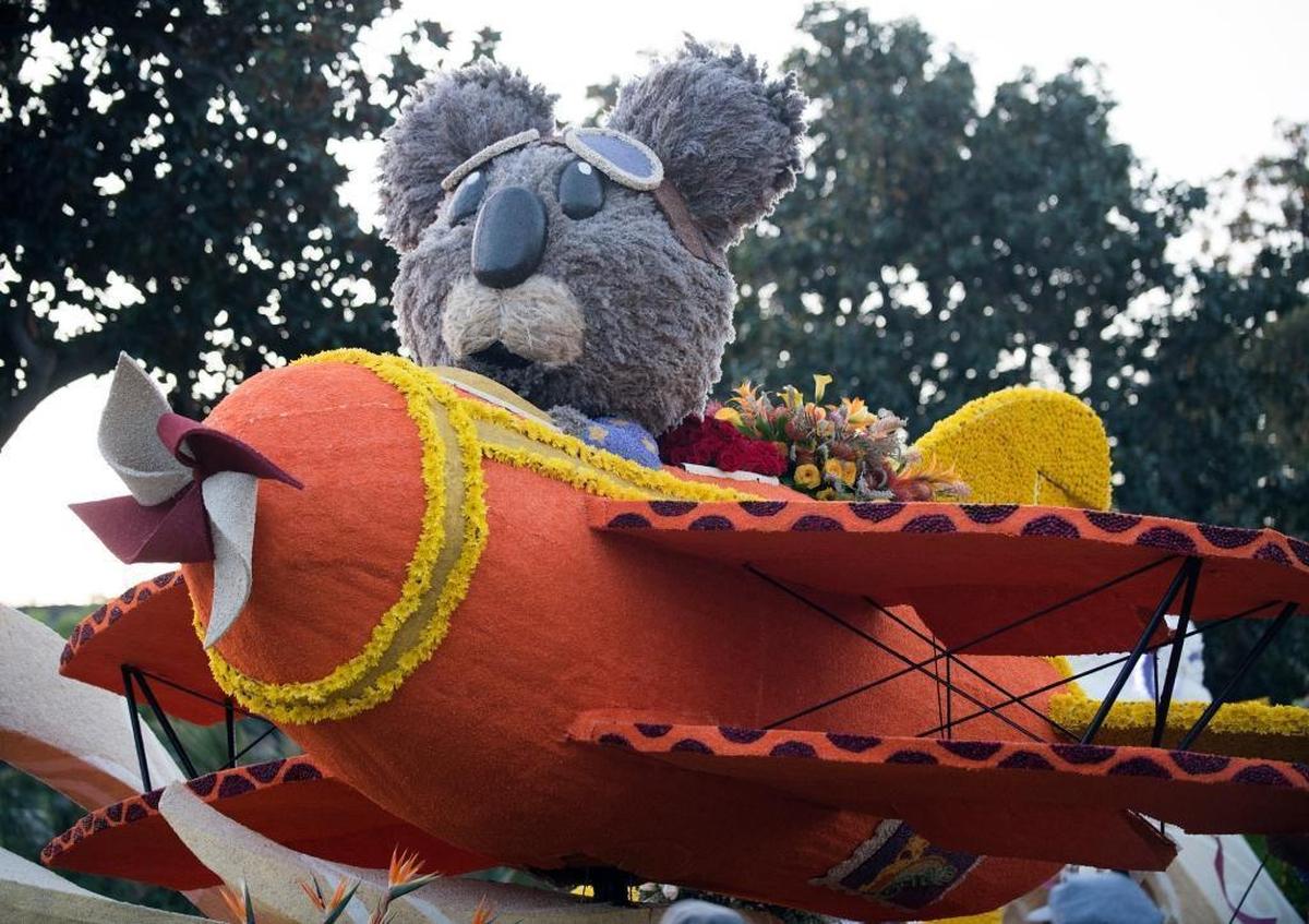 The biplane on the Cal Poly Universities Rose Float “Dreams Take Flight,” as it makes its way down Colorado Boulevard in Pasadena during the 2018 Tournament of Roses Parade on Jan. 1, 2018.