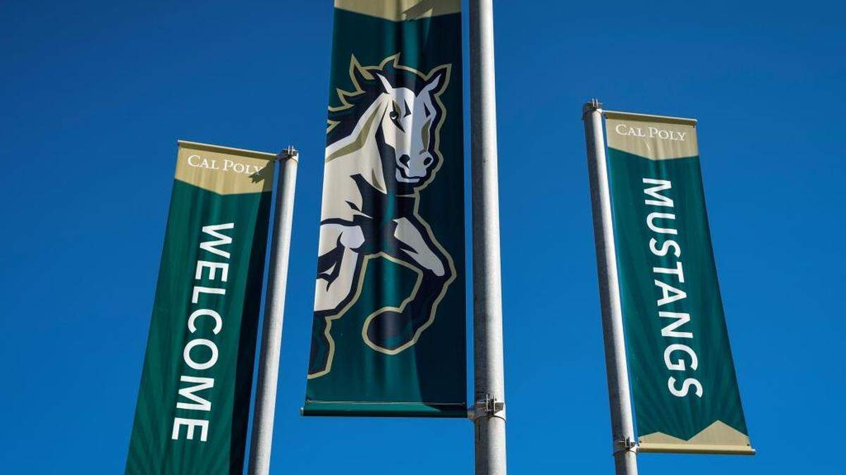 The flags at the Cal Poly entrance at Highland Drive in San Luis Obispo.