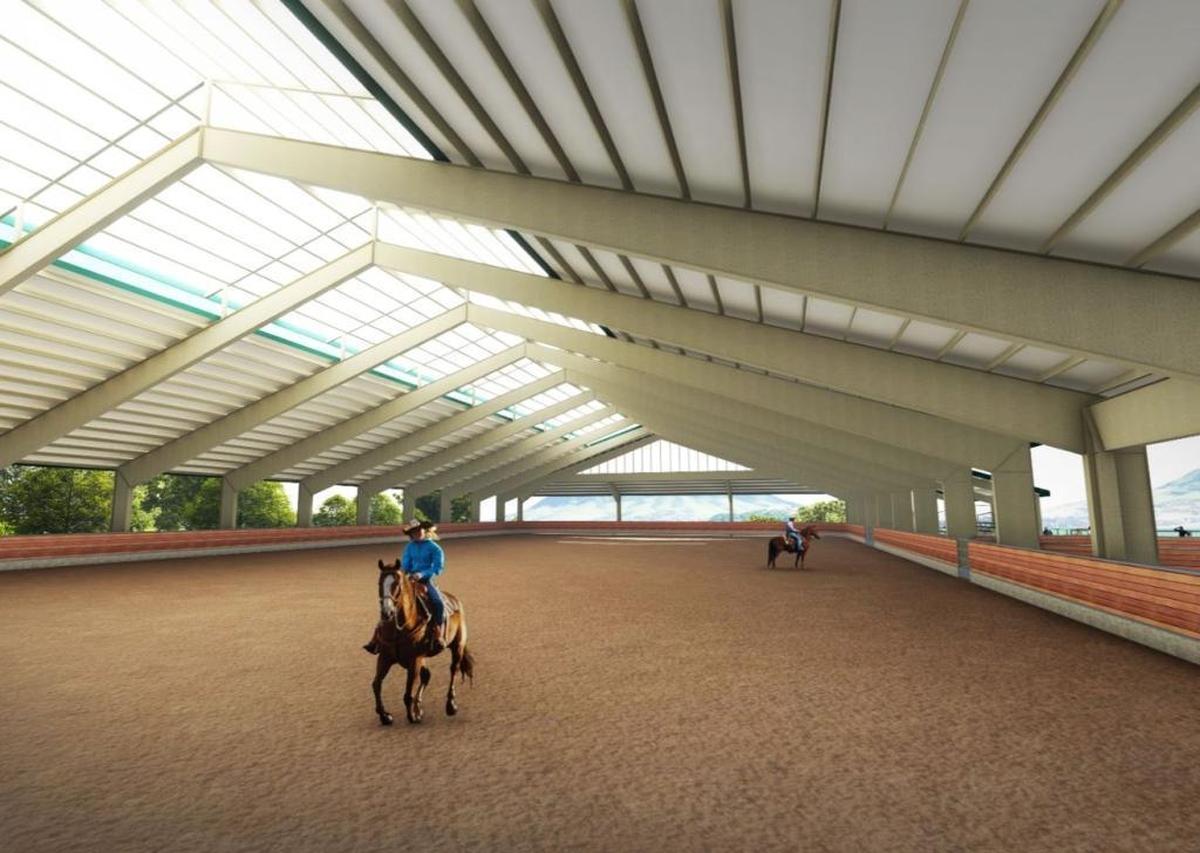 A rendering of the new covered riding pavilion, a key piece of the Oppenheimer Family Equine Center on Cal Poly’s campus in San Luis Obispo, which is nearing its targeted completion date of February 2018.