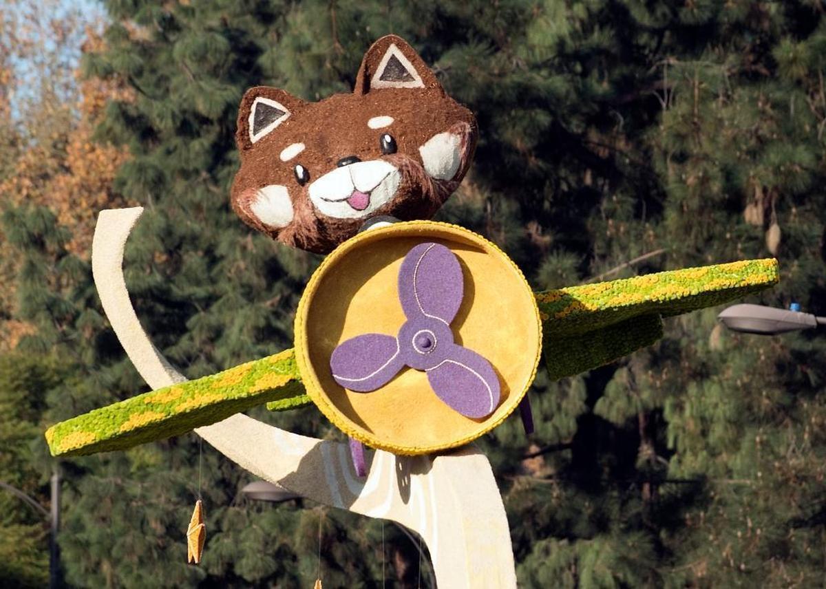 The Red Panda Plane on the Cal Poly Universities Rose Float “Dreams Take Flight,” as it makes its way down Colorado Boulevard in Pasadena during the 2018 Tournament of Roses Parade on Jan. 1, 2018.