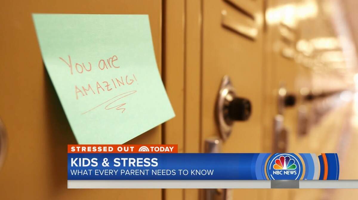 A Post-it Note bearing a positive message is stuck to a locker at San Luis Obispo High School. NBC's "Today" shot a segment about mindfulness and stress management at the school that aired April 13, 2018.