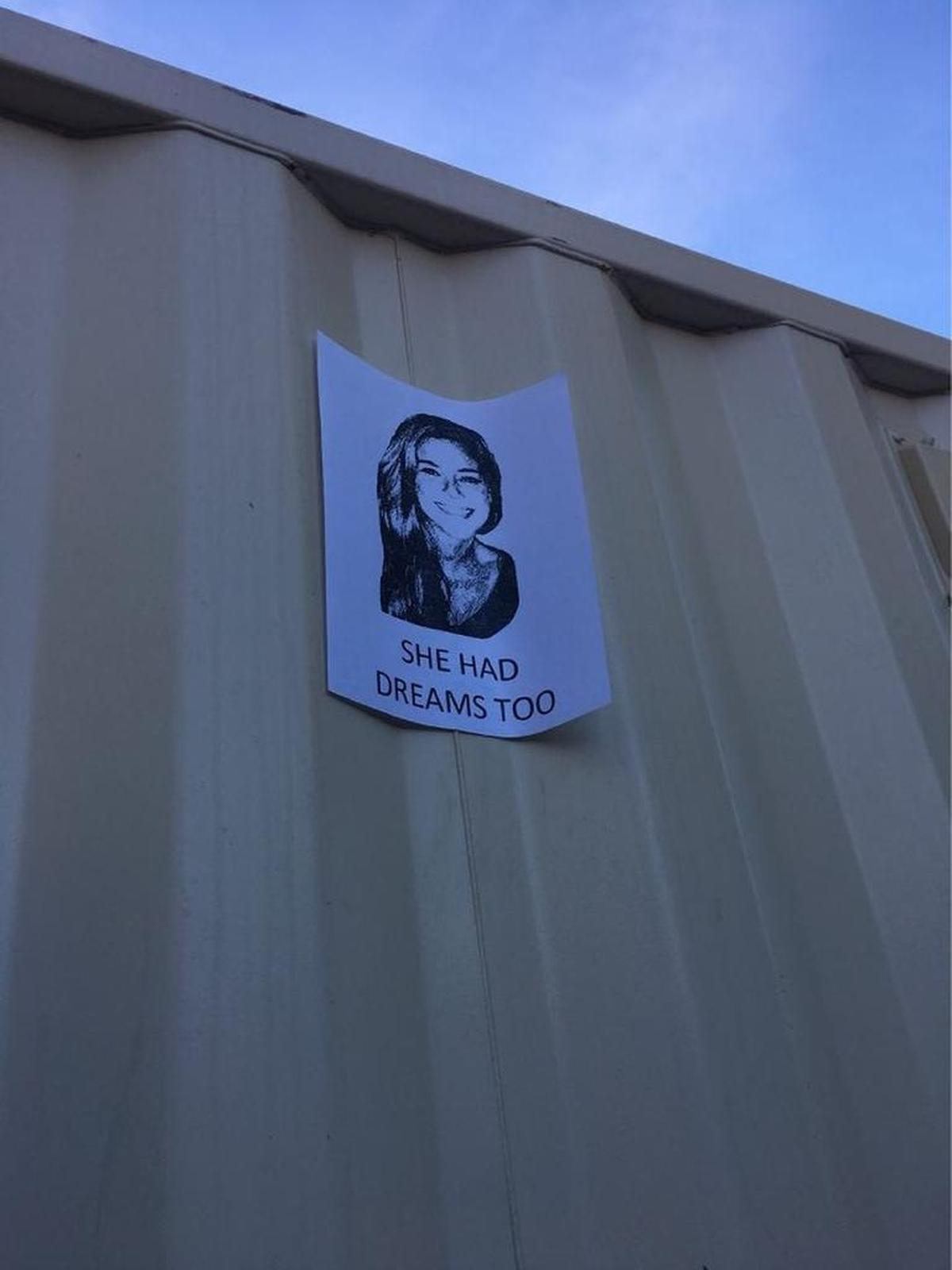 A flyer posted outside Cal Poly’s Dream Center, which houses the Undocumented Student Working Group, depicts the story of Kate Steinle, a Poly graduate who was killed two years ago when struck by a bullet fired from a gun held by an undocumented immigrant in San Francisco.
