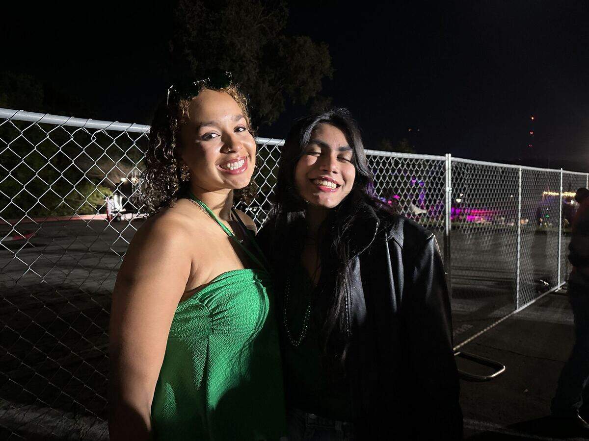 Maya Armstrong, left, and Ana Prasad, both first years at Cal Poly, were some of the lucky students who got tickets to the university’s St. Patricks Day concert on March 15, 2025. They said they opted for the music festival over the street party because they wanted a safe option to celebrate.