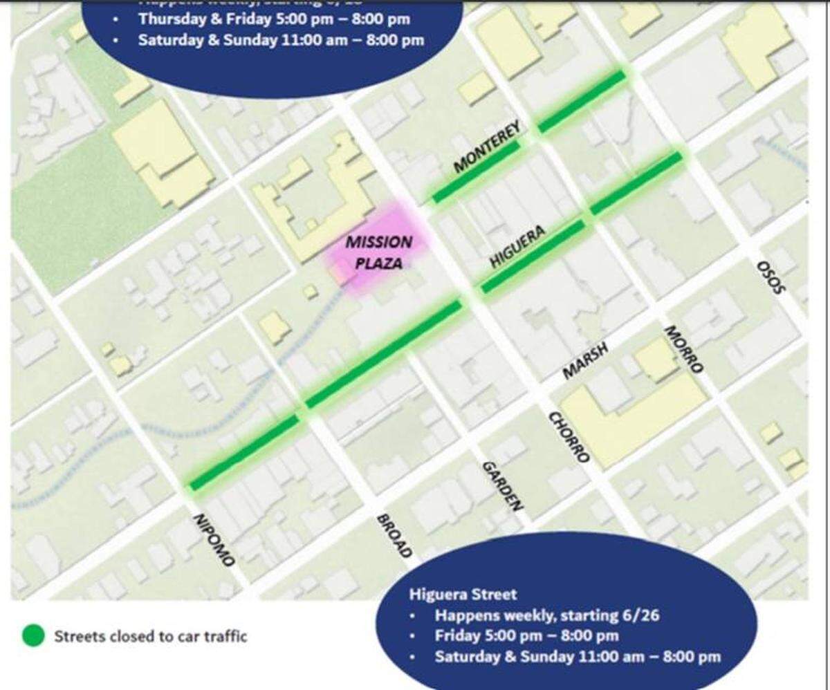 A map of the street sections SLO closed on certain days in July 2020, before reopening them to vehicle traffic.