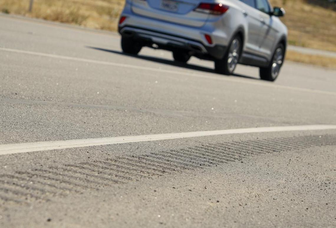 A rumble strip on the shoulder of Highway 46 alerts drivers when they drift off the road.