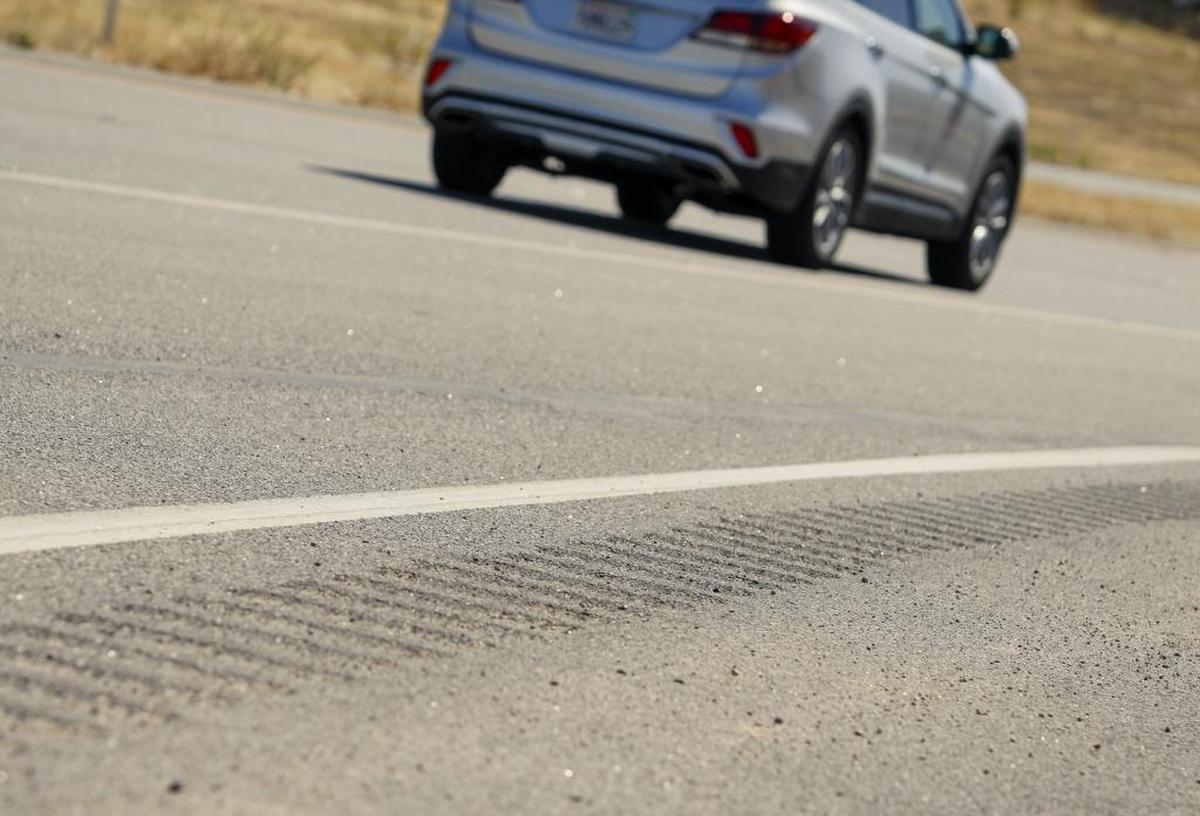 A rumble strip on the shoulder of Highway 46 alerts drivers when they drift off the road.
