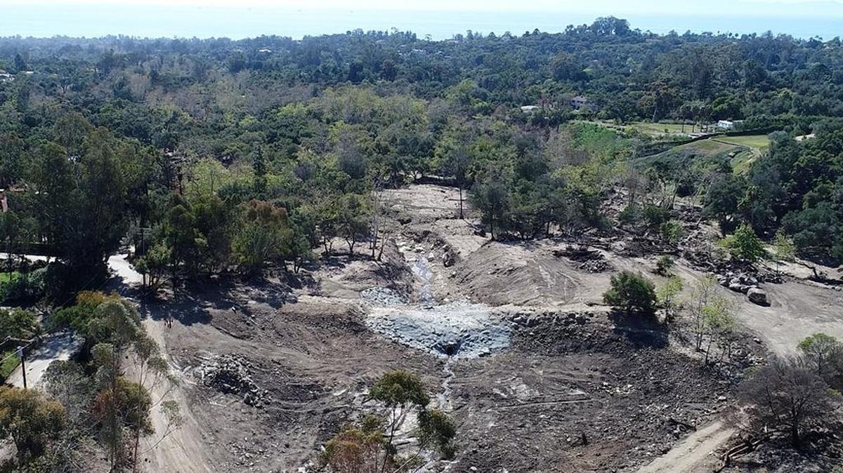 A photo taken from a drone on Monday, February 26, 2018, shows the Cold Spring Debris Dam in Montecito completely cleaned out and ready for new storms. A weather system expected Thursday night into Friday has prompted county officials to issue an evacuation warning for communities below recent burn areas.