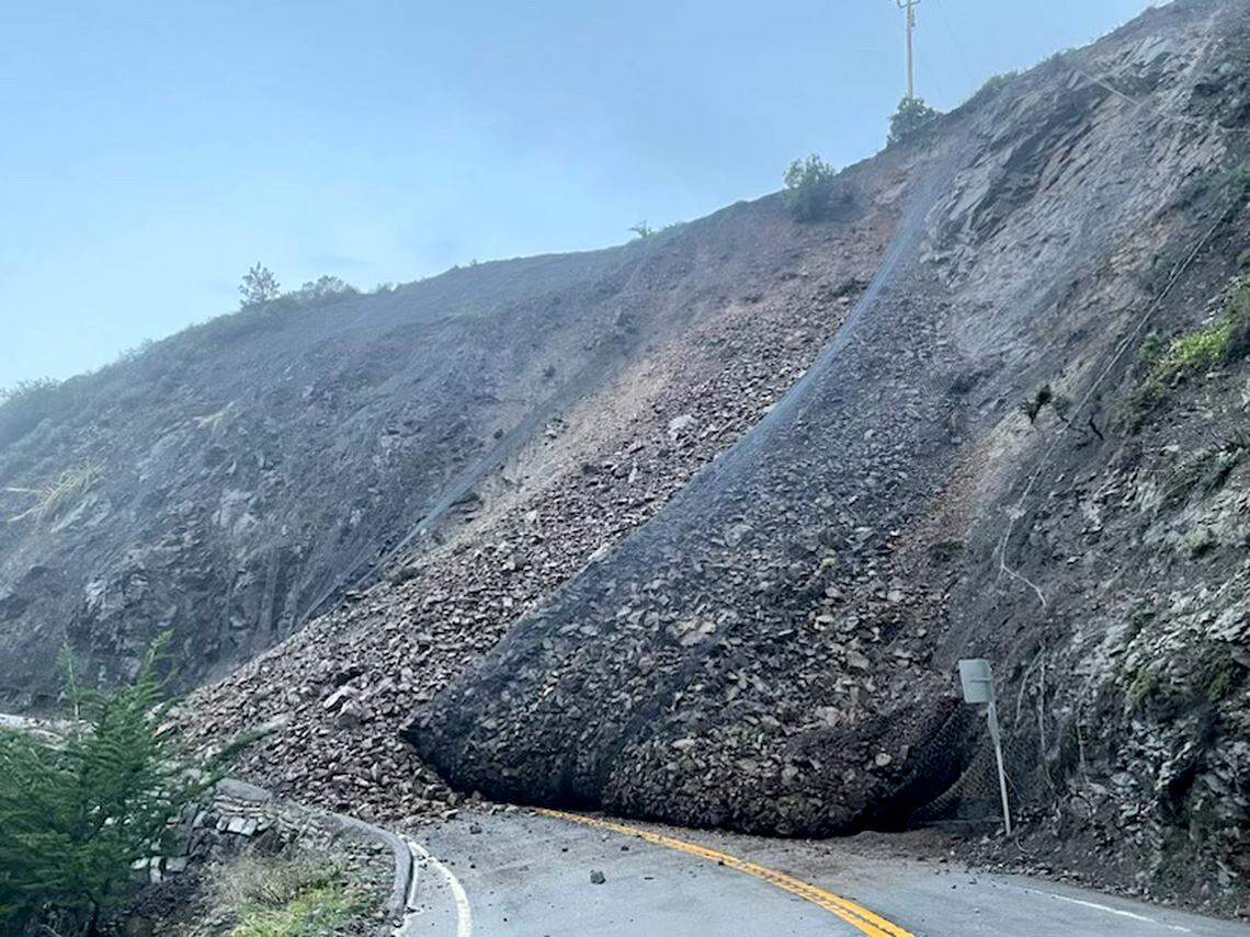 Mesh was unable to contain a landslide that slipped onto Highway 1 at Polar Star, about a mile south of Ragged Point, on Jan. 5, 2023.