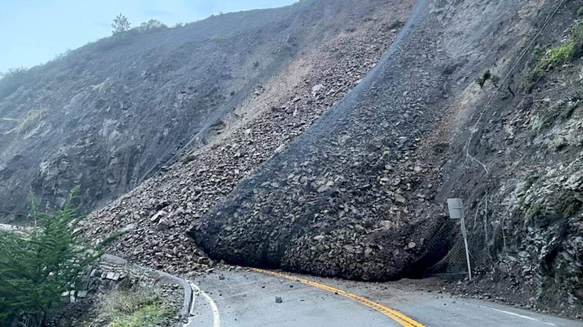 Mesh was unable to contain a landslide that slipped onto Highway 1 at Polar Star, about a mile south of Ragged Point, on Jan. 5, 2023.