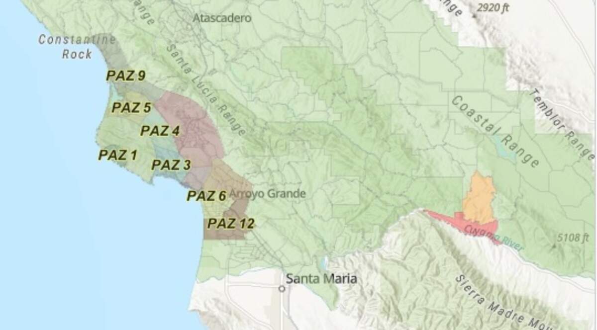 The Madre Fire burning along Highway 166 in eastern San Luis Obispo County prompted an evacuation order for an area labeled SLC-337, running along Highway 166 and marked in red., and an evacuation warning for the SLC-312 area, just north of SLC-337.