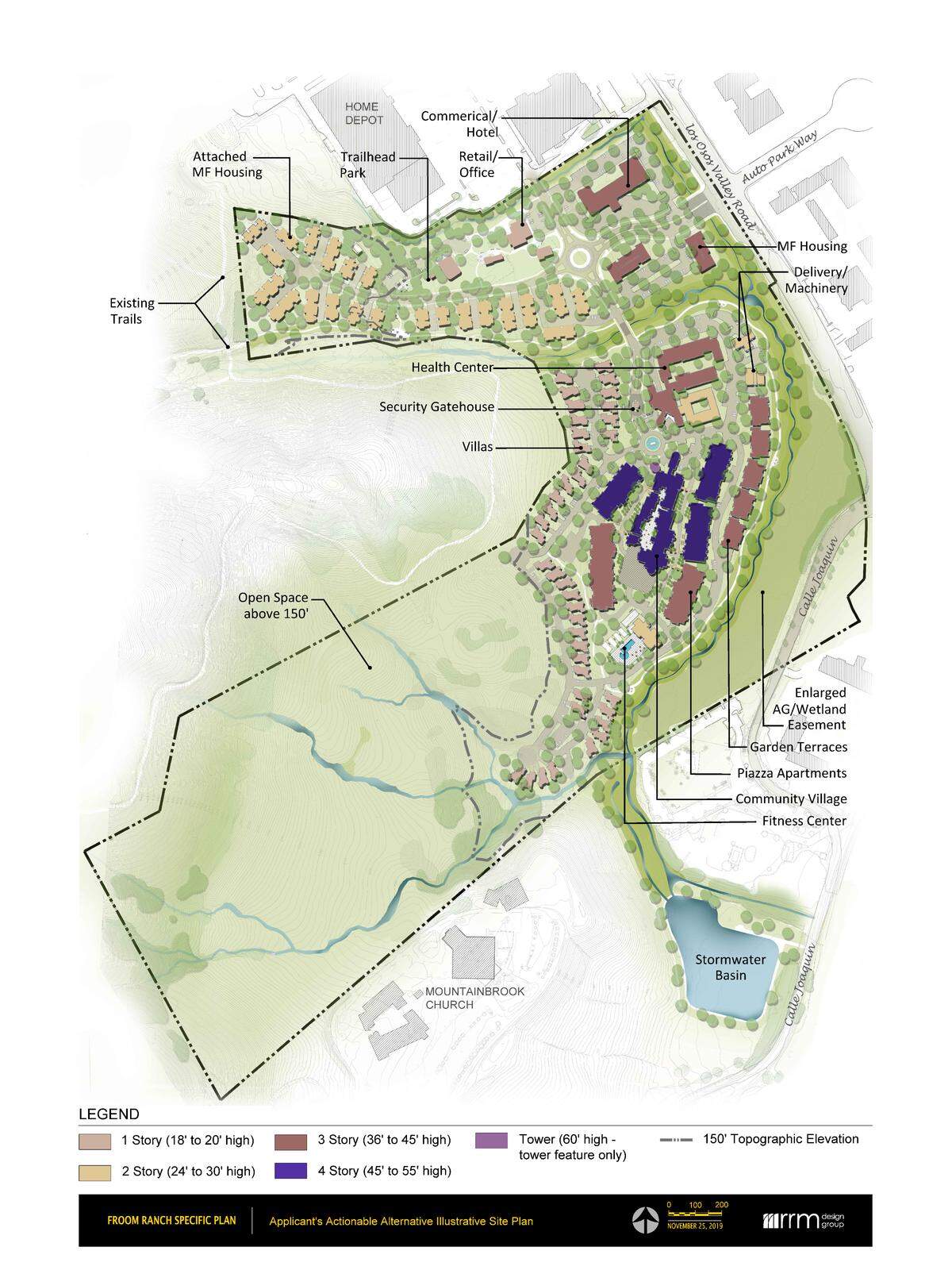 This plan shows the Froom Ranch proposal with development below the 150-foot elevation mark, which is the project applicant’s selected alternative.