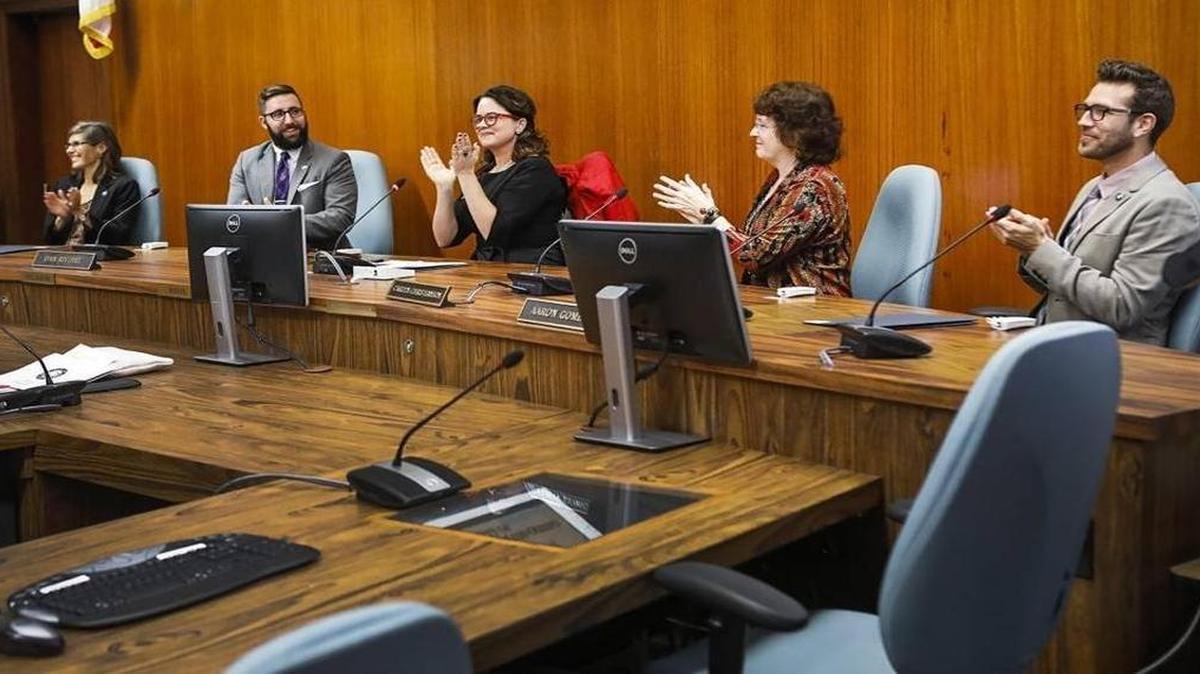 The new San Luis Obispo City Council will address the rental housing inspection program at a community forum to be held Feb. 16. The council is pictured here at the installation ceremony held Dec. 9.