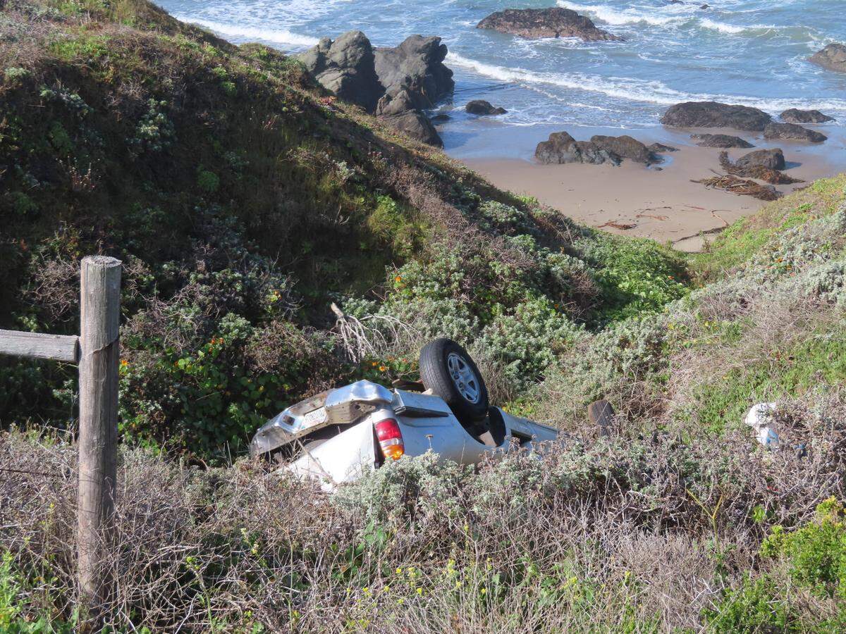 Wreckage from a car crash can be seen north of Pico Creek near San Simeon on Sunday, April 10, 2022. The driver reportedly fell asleep at the wheel and rolled his 2017 Toyota Tacoma.