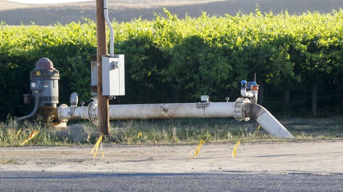 An electric-powered well near Highway 41 near Shandon services a vineyard.