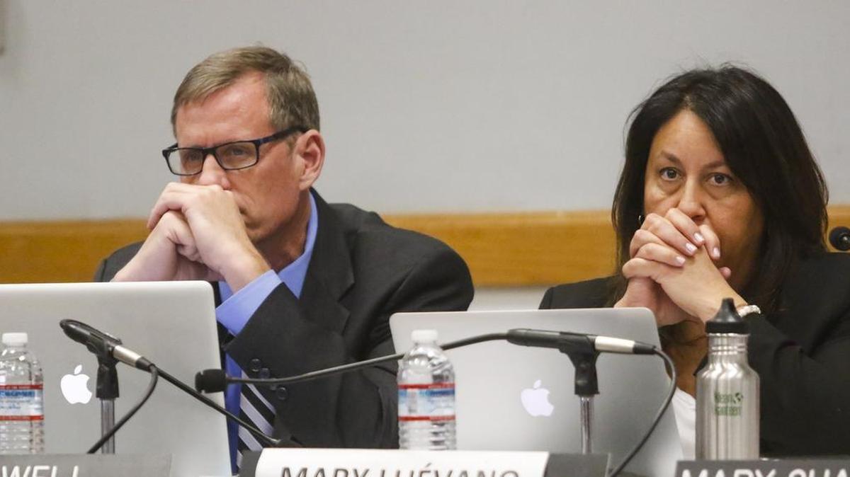 Coastal Commissioners Erik Howell and Mary Luévano listen to public comment during Wednesday’s meeting in Morro Bay. Howell, a Pismo Beach councilman, said needless delays and a lack of communication led him to vote to dismiss Executive Director Charles Lester.