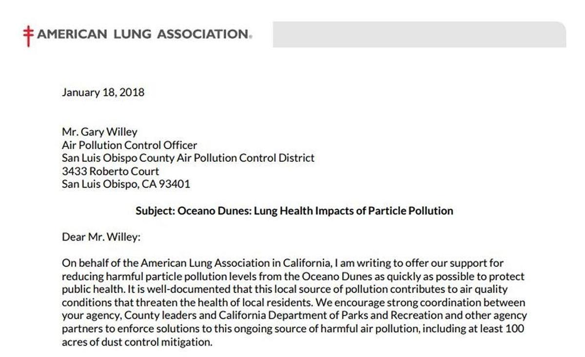 American Lung Association letter to San Luis Obispo County requesting action on Oceano Dunes pollution.