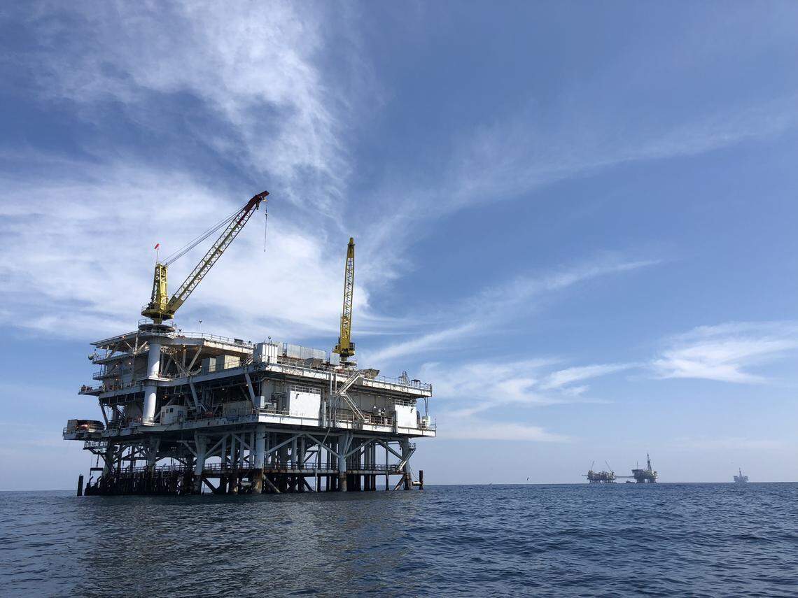 Exxon’s oil platforms off Santa Barbara County were shut after the attached onshore pipeline ruptures and spilled oil on Refugio State Beach in 2015. This photo by Drew Bird at drewbirdphoto.com was commissioned by the Center for Biological Diversity, which is campaigning against plans to reopen the platforms and transport the crude via truck or pipeline across the Central Coast.