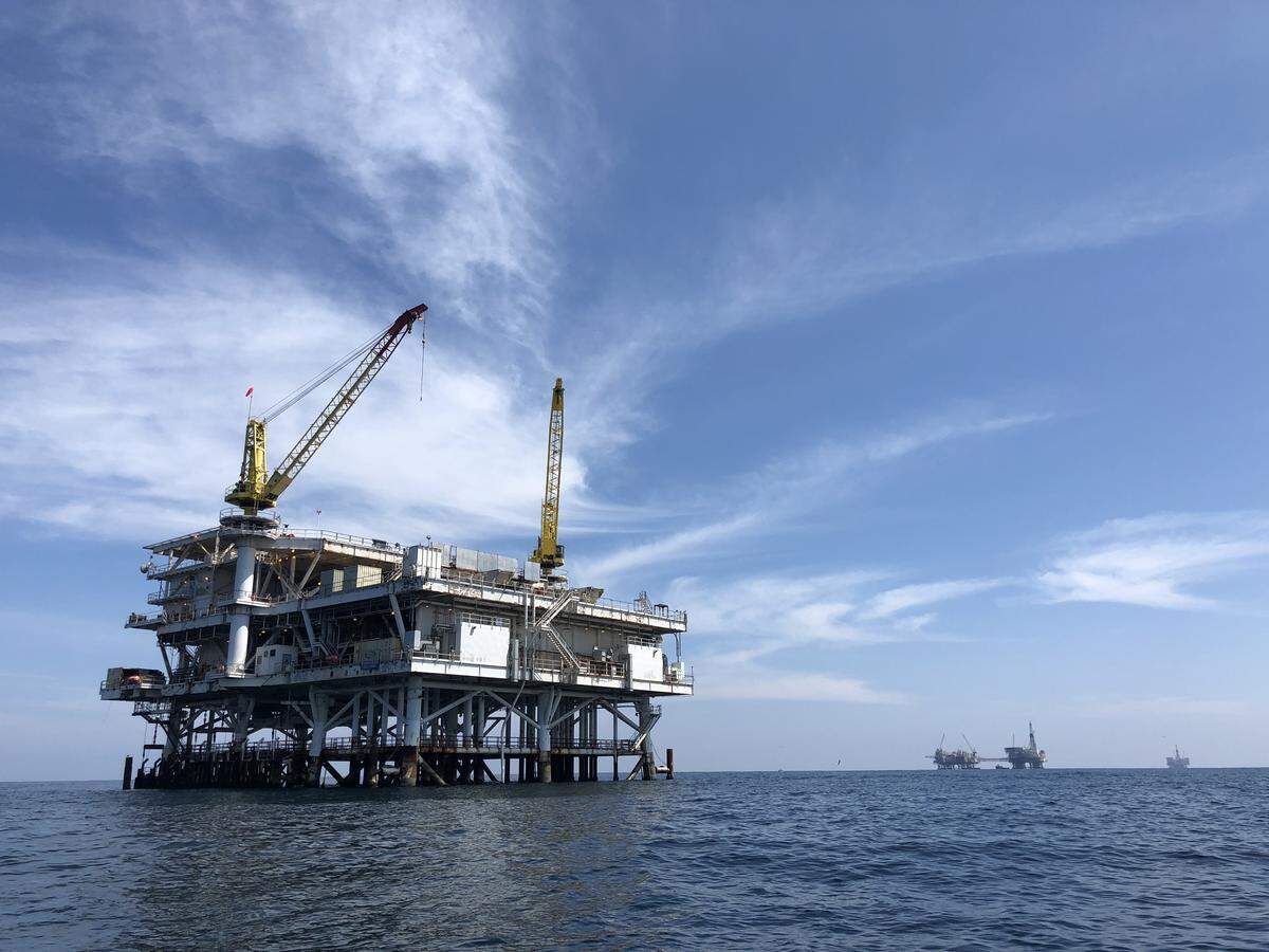 Exxon’s oil platforms off Santa Barbara County were shut after the attached onshore pipeline ruptures and spilled oil on Refugio State Beach in 2015. This photo by Drew Bird at drewbirdphoto.com was commissioned by the Center for Biological Diversity, which is campaigning against plans to reopen the platforms and transport the crude via truck or pipeline across the Central Coast.