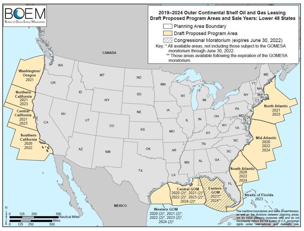 U.S. Secretary of the Interior Ryan Zinke announced a plan on Thursday, Jan. 4, 2018, to open areas of the Outer Continental Shelf for consideration for oil and gas exploration for 2019-24. The areas in yellow on this map by the Bureau of Ocean Energy Management are the draft proposed program area.