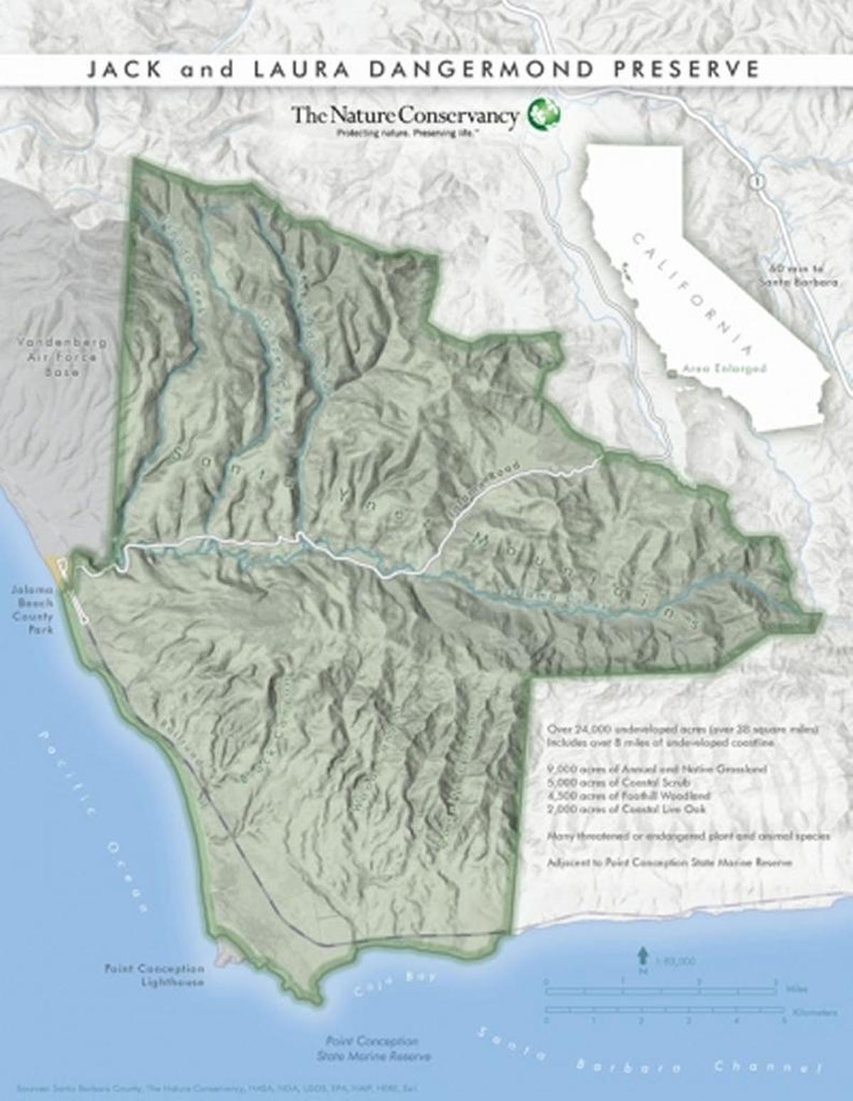 A map shows the newly acquired Jack and Laura Dangermond Preserve, formerly the Jalama Cojo Ranches.